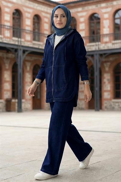 Önden Fermuarlı Kanguru Cepli İkili Kot Takım HM2880 Koyu Mavi