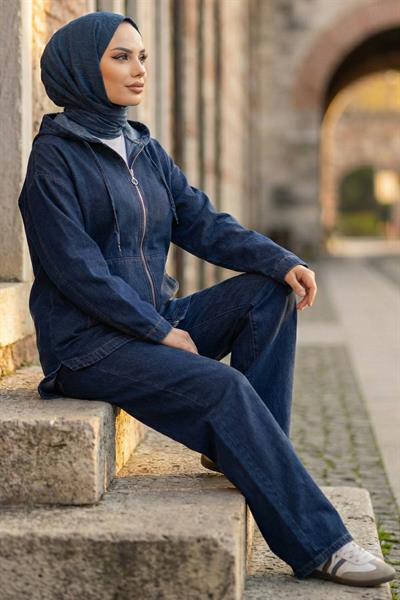 Önden Fermuarlı Kanguru Cepli İkili Kot Takım HM2880 Mavi