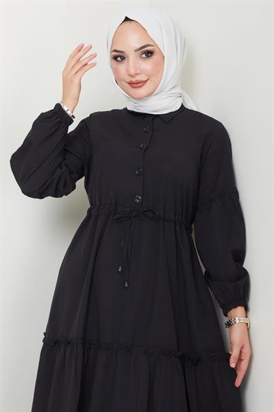 Önü Düğme Detaylı Büzgülü Elbise Siyah HM2493