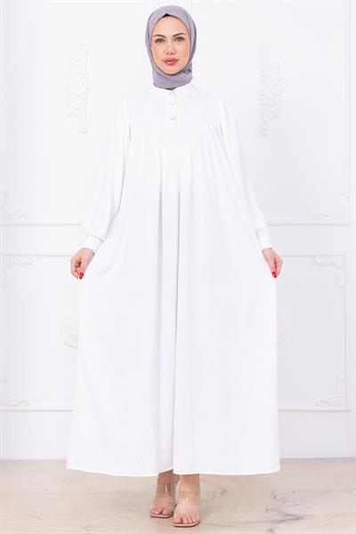 Önü Düğmeli Eva Tesettür Elbise Beyaz HM2757