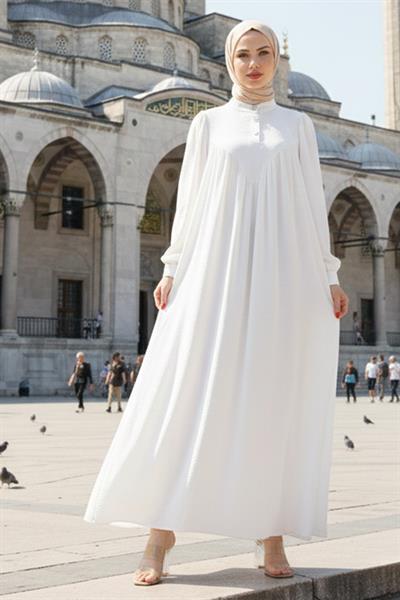 Önü Düğmeli Eva Tesettür Elbise Beyaz HM2757