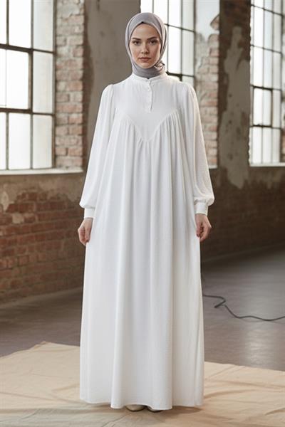 Önü Düğmeli Eva Tesettür Elbise Beyaz HM2757