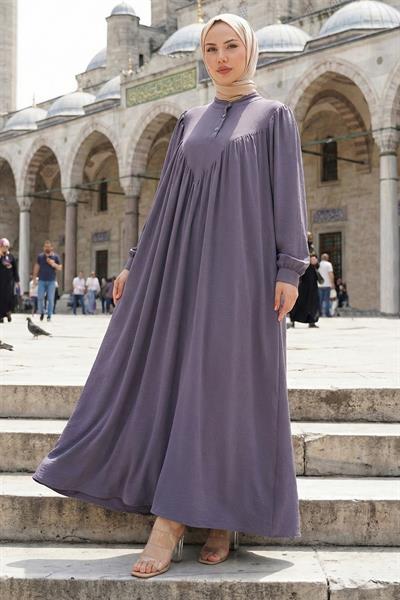 Önü Düğmeli Eva Tesettür Elbise Gri HM2757
