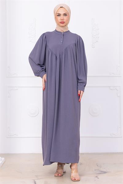 Önü Düğmeli Eva Tesettür Elbise Gri HM2757