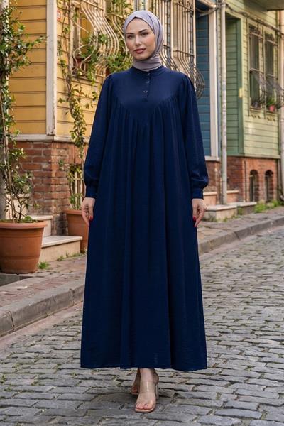 Önü Düğmeli Eva Tesettür Elbise Lacivert HM2757