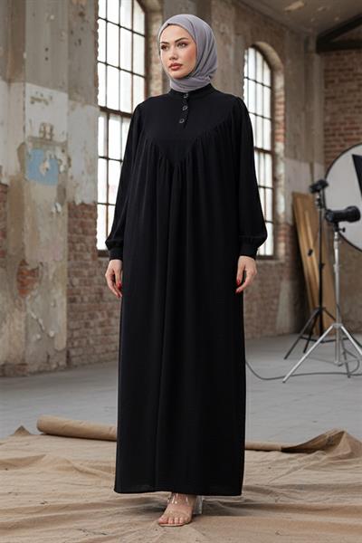 Önü Düğmeli Eva Tesettür Elbise Siyah HM2757