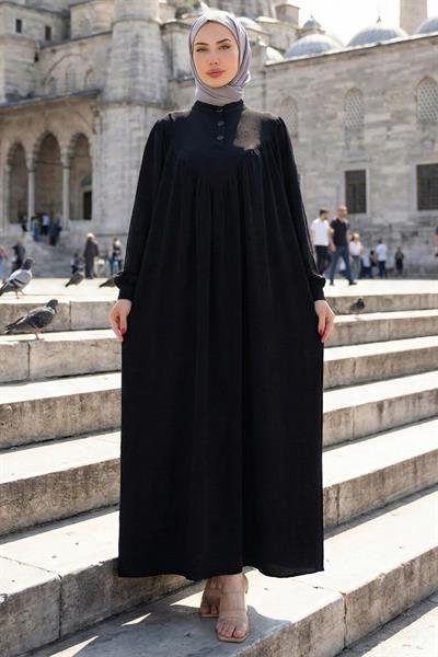 Önü Düğmeli Eva Tesettür Elbise Siyah HM2757