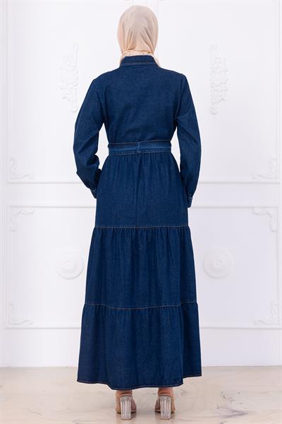 Önü Düğmeli Kuşaklı Kot Elbise HM2764 Koyu Mavi