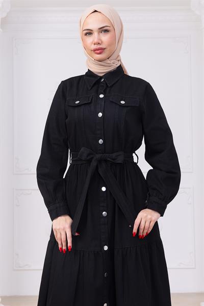 Önü Düğmeli Kuşaklı Kot Elbise HM2764 Siyah
