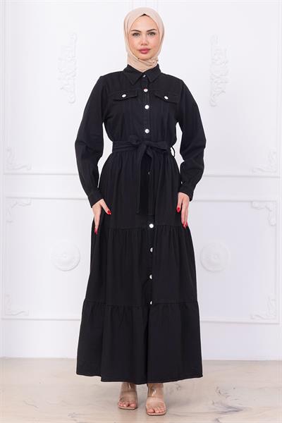 Önü Düğmeli Kuşaklı Kot Elbise HM2764 Siyah