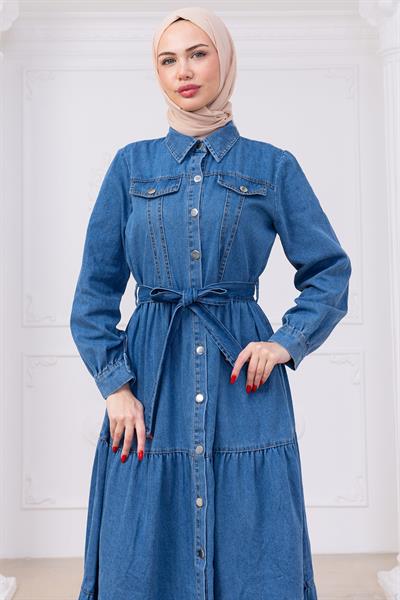 Önü Düğmeli Kuşaklı Kot Elbise HM2764 Açık Mavi