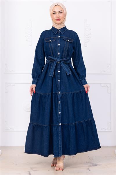 Önü Düğmeli Kuşaklı Kot Elbise HM2764 Koyu Mavi