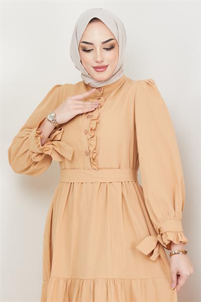Önü Fırfırlı Kolu Bağlamalı Elbise Camel