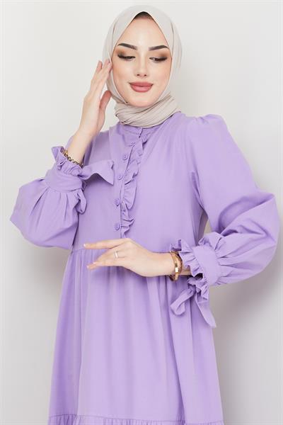 Önü Fırfırlı Kolu Bağlamalı Elbise Lila