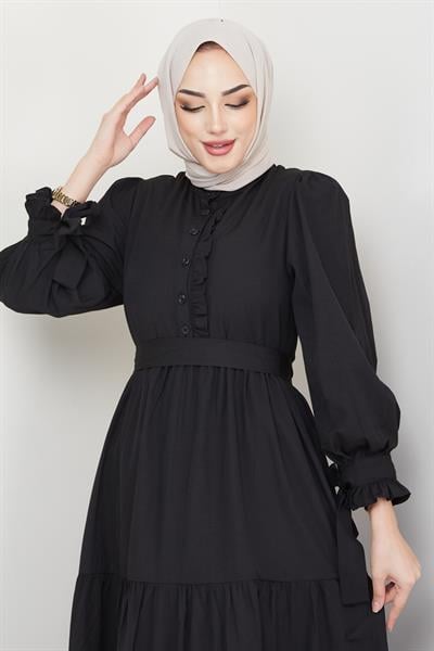Önü Fırfırlı Kolu Bağlamalı Elbise Siyah