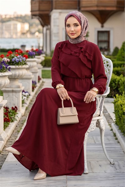 Önü Kat Detaylı Ayrobin Elbise Bordo HM2951