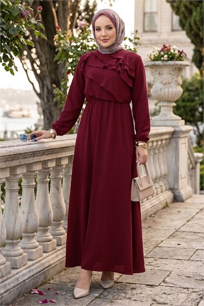 Önü Kat Detaylı Ayrobin Elbise Bordo HM2951
