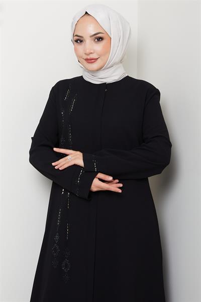 Önü Taşlı Büyük Beden Ferace Siyah HM2800