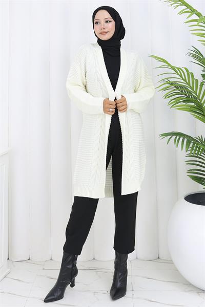 Örgü Desen Araboy Triko Hırka Beyaz HM2837