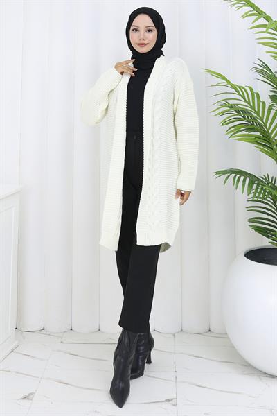 Örgü Desen Araboy Triko Hırka Beyaz HM2837