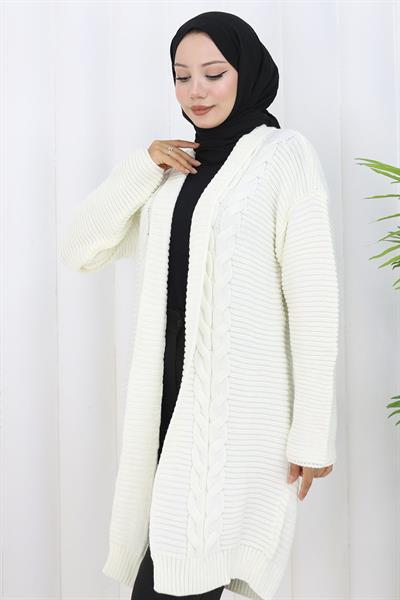 Örgü Desen Araboy Triko Hırka Beyaz HM2837