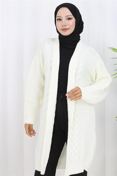 Örgü Desen Araboy Triko Hırka Beyaz HM2837