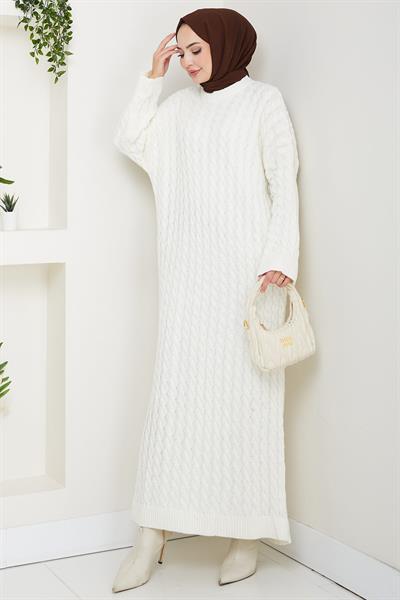 Örgü Desen Triko Elbise Beyaz HM2526