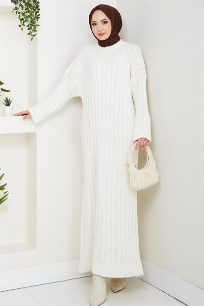 Örgü Desen Triko Elbise Beyaz HM2526