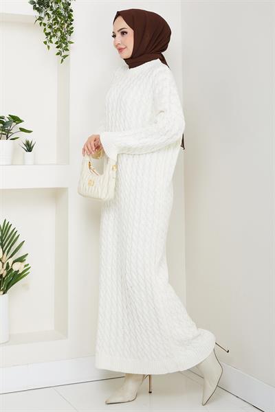 Örgü Desen Triko Elbise Beyaz HM2526