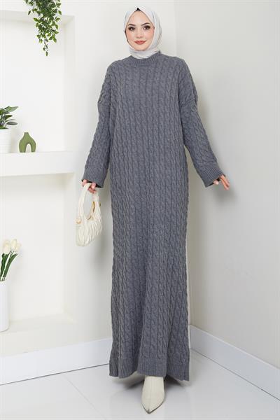 Örgü Desen Triko Elbise Füme HM2526