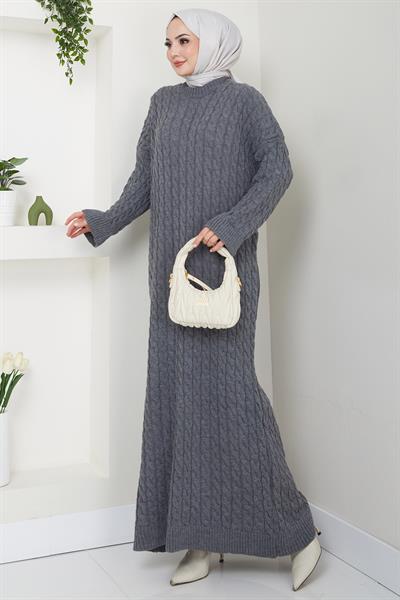 Örgü Desen Triko Elbise Füme HM2526