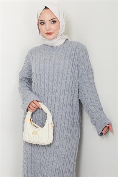 Örgü Desen Triko Elbise Gri HM2526