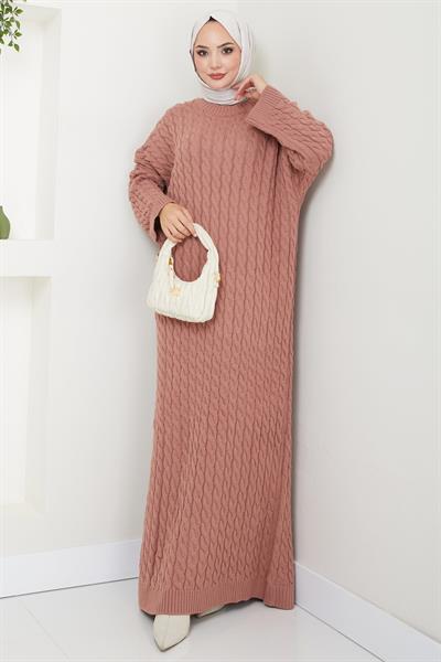 Örgü Desen Triko Elbise Gül Kurusu HM2526