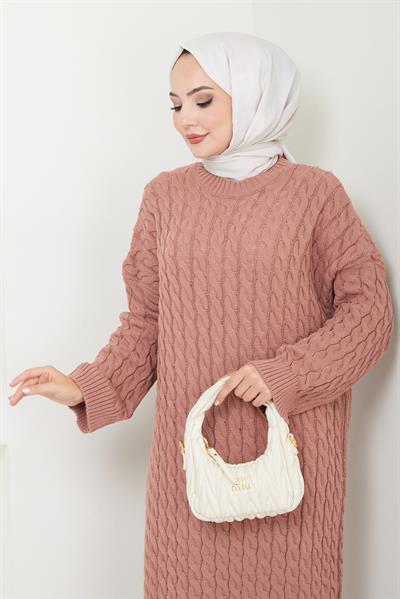 Örgü Desen Triko Elbise Gül Kurusu HM2526