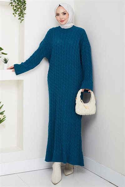 Örgü Desen Triko Elbise Petrol HM2526