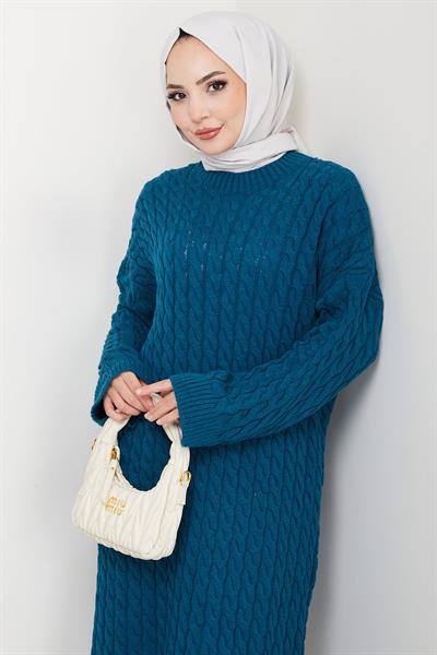 Örgü Desen Triko Elbise Petrol HM2526