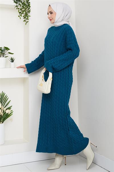 Örgü Desen Triko Elbise Petrol HM2526