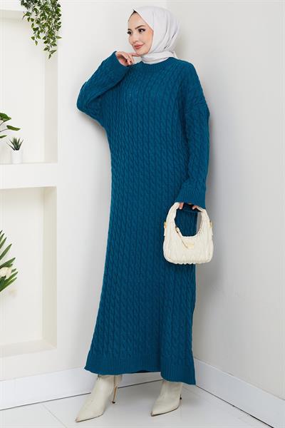 Örgü Desen Triko Elbise Petrol HM2526