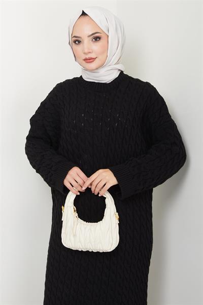 Örgü Desen Triko Elbise Siyah HM2526