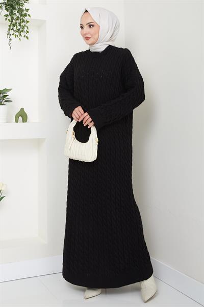 Örgü Desen Triko Elbise Siyah HM2526