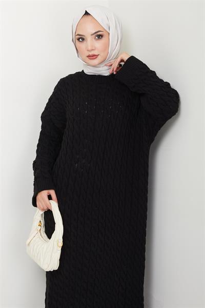 Örgü Desen Triko Elbise Siyah HM2526
