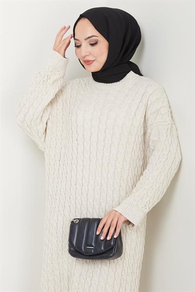 Örgü Desen Triko Elbise Taş Rengi HM2526