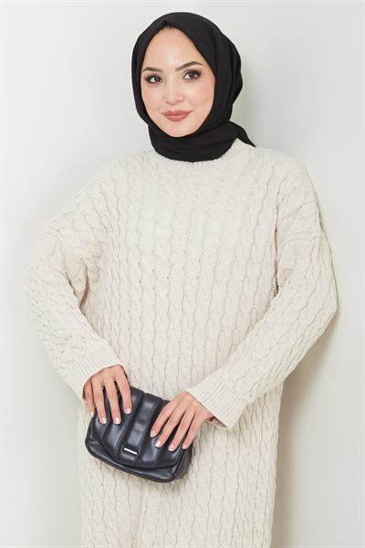 Örgü Desen Triko Elbise Taş Rengi HM2526