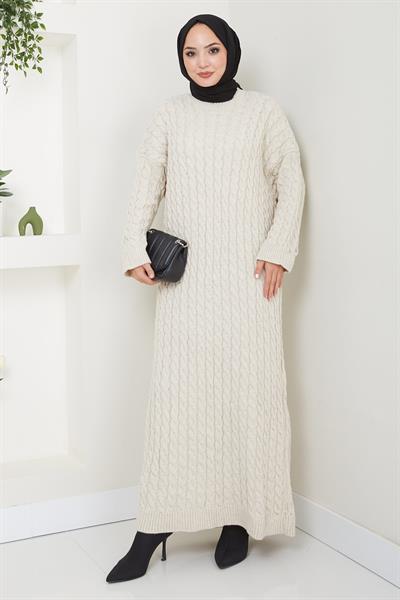 Örgü Desen Triko Elbise Taş Rengi HM2526