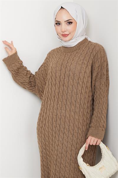 Örgü Desen Triko Elbise Vizon HM2526