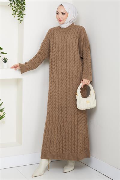 Örgü Desen Triko Elbise Vizon HM2526