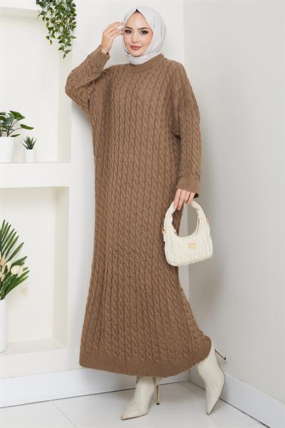 Örgü Desen Triko Elbise Vizon HM2526