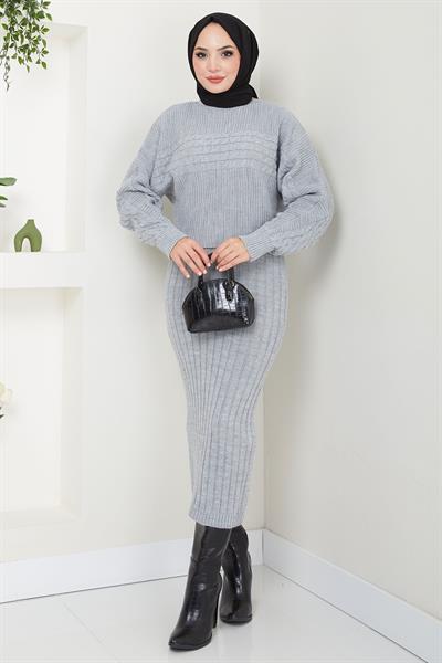Örgü Desenli Jile Bluz Triko Takım Gri HM2559