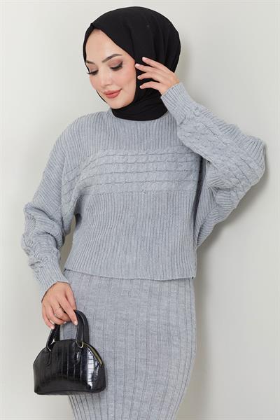 Örgü Desenli Jile Bluz Triko Takım Gri HM2559