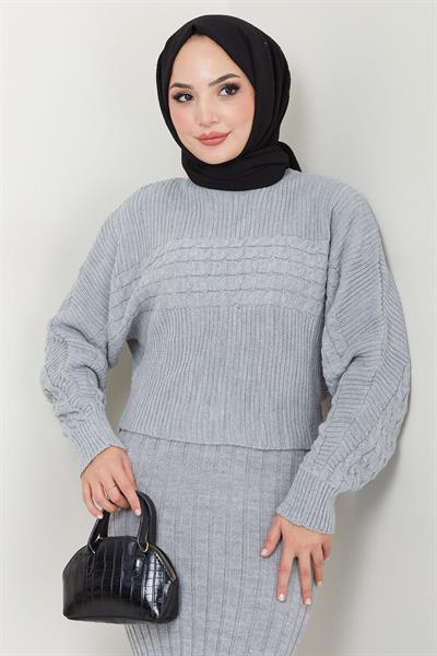 Örgü Desenli Jile Bluz Triko Takım Gri HM2559